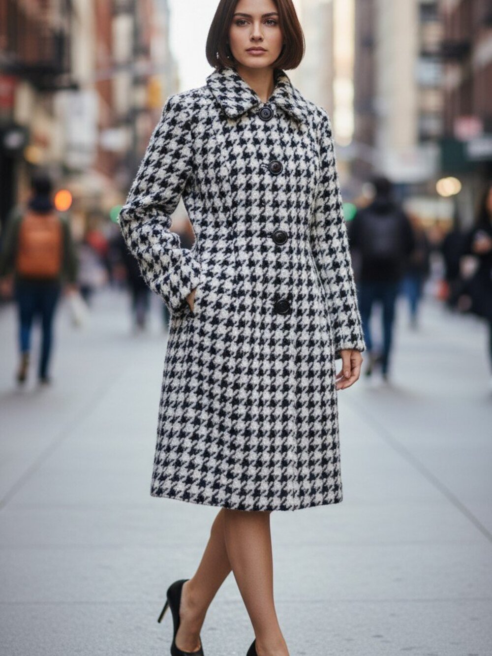 DESIGNER ALBERT NIPON BLACK/WHITE HOUNDSTOOTH PINK LINING FAUX FUR COAT SMALL